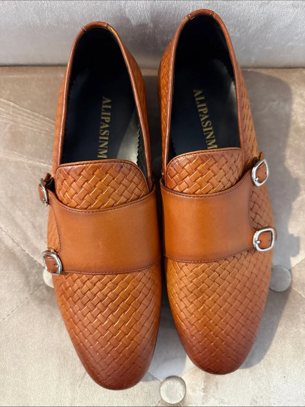 Men's Tan Woven Double Monk Strap Loafers